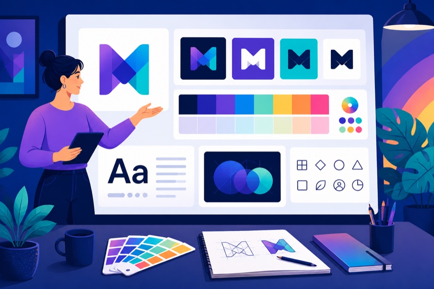 Buttons brand identity with logos, colors, and design elements